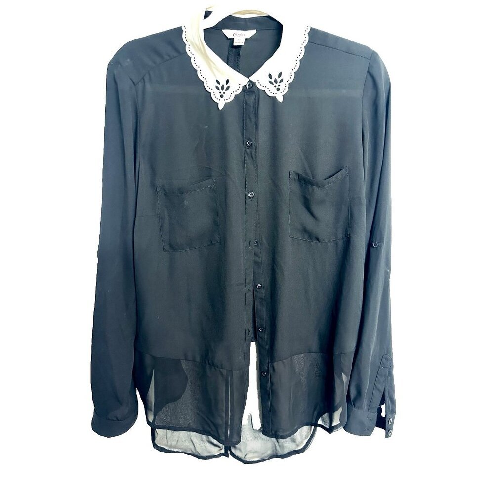 Candie's Long Sleeves Dark Academia Faux Leather Neck High Low Sheer Shirt XL